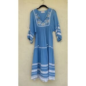 Blue Bohemian Dress Women Small Blue Embroidered W/White Balloon Sleeve 46" Long